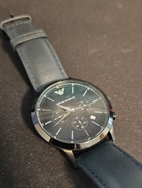 Emporio Armani Navy Blue Dial Leather Strap Watch